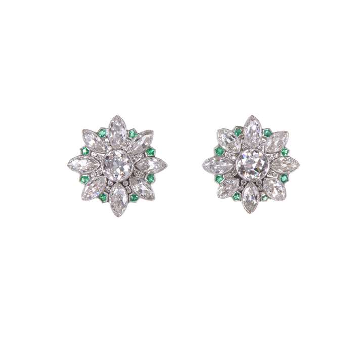 Pair of diamond and emerald earrings of flowerhead cluster design